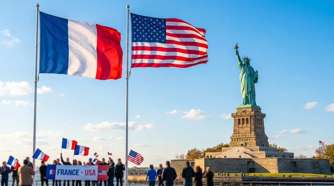 Drapeaux français et américain devant la Statue de la Liberté