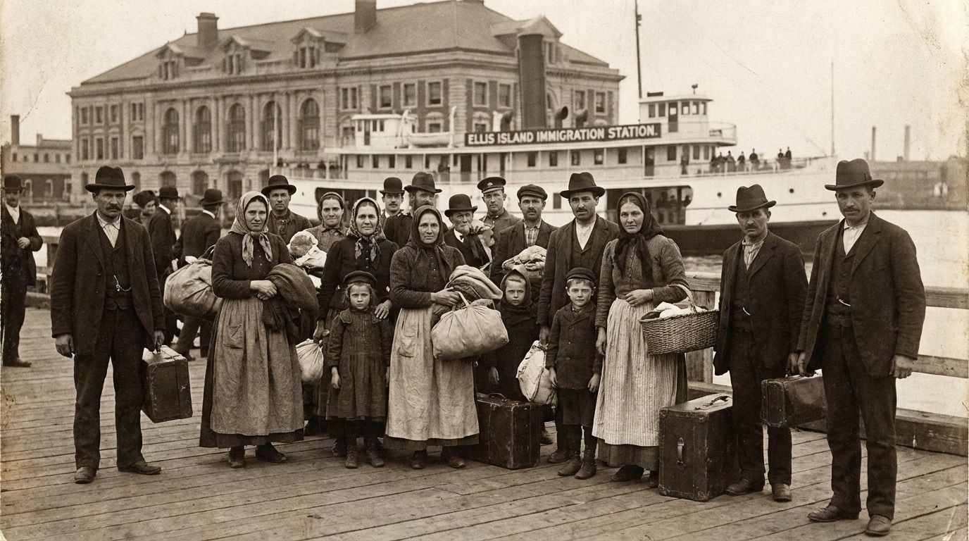 Immigrants arrivant à Ellis Island au début du XXe siècle