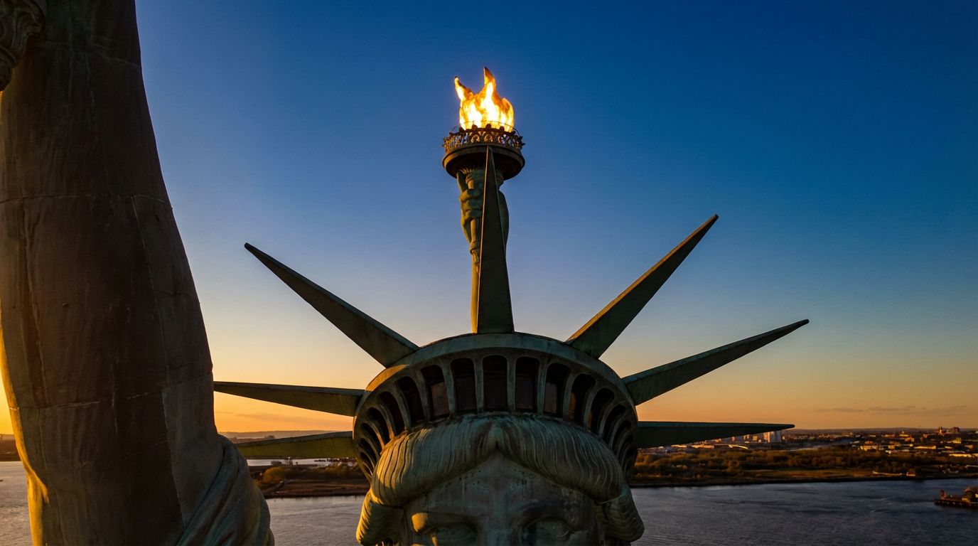 La torche et la couronne de la Statue de la Liberté au coucher du soleil